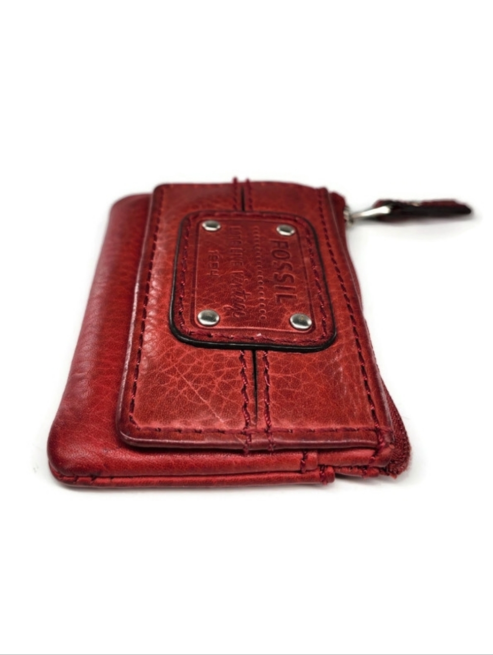 Fossil Emory Red Leather Zip Top Flap Snap Coin, Card & Key Chain Change Purse - Picture 4 of 11